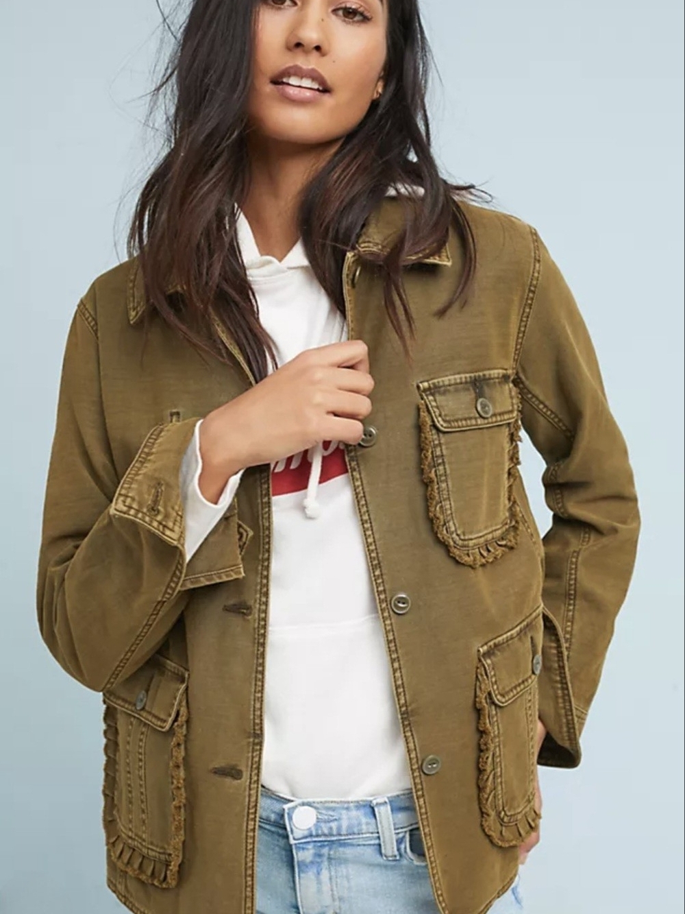Anthropologie Olive Ruffled Utility Jacket XS Boho Cargo Field Military Coat